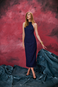 VESTIDO MIDI FENDA E DECOTE COSTAS - AZUL MARINHO - comprar online