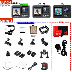 Câmera de Ação Go Sports G9Pro-atualizada 5K, 60FPS, 48MP, 2.0 Touch LCD, EIS, Dual Screen, WiFi, 170D, Impermeável, 30M, Zoom 4X