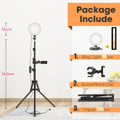 Imagem do Tripé com anel de luz LED para telefone, câmera, fotografia selfie, lâmpada colorida, ideal para preparação de conteúdos.