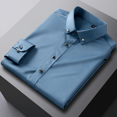 Imagem do Camisas de poliéster masculinas botão de broca de manga longa cor sólida 3xl negócios de seda.