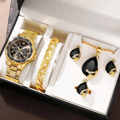 Relógio de luxo, anel, colar, brinco, strass, Conjunto de joias douradas para mulheres
