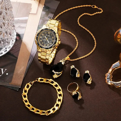 Relógio de luxo, anel, colar, brinco, strass, Conjunto de joias douradas para mulheres - comprar online