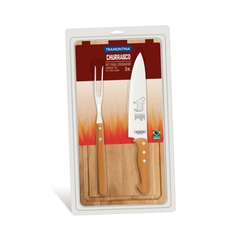 Kit para Churrasco Tramontina com Lâminas em Aço Inox e Cabos de Madeira Natural 3 Peças