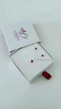Imagem do Conjunto em Prata Pulseira e Brinco Vermelho