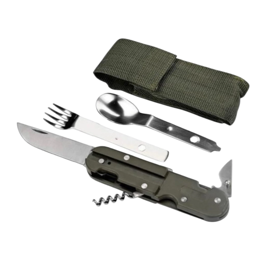 Set Cubiertos Tenedor Cuchillo Cuchara Supervivencia Verde con funda