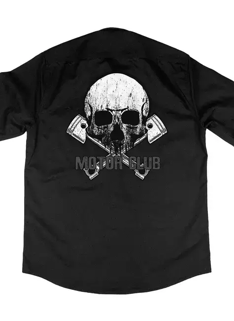 Camisa Workshirt Preta Motor Club Skull Pistão Mecânico Old School