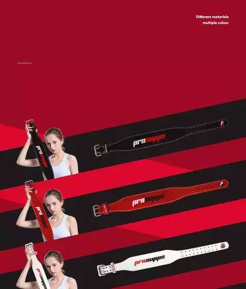 Cinto Pro Supps Old School disponível em diferentes materiais e cores, exibido por uma modelo.