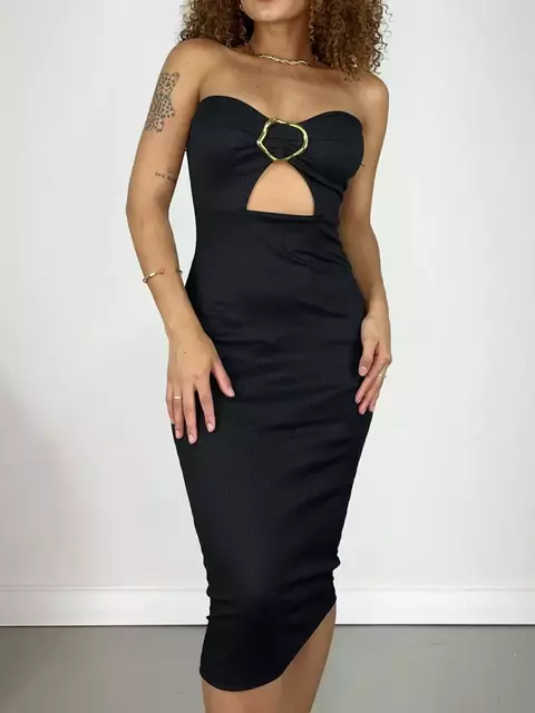 Vestido Feminino Midi em Ribana Sem Alça com Recorte e Fivela Barbara Ref. 1382