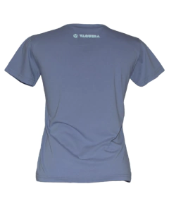 Camiseta de algodão estonada feminina com estampa vaquera.