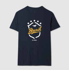 Camiseta masculina azul estilo regular com estampa do Brasil 2026.