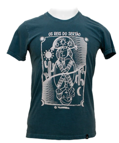 Camiseta de algodão estonada masculina com estampa reis do sertão.