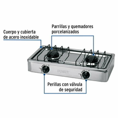 Parrilla de gas de sobreponer 2 quemadores, inox, Foset Foset PAGA-2X - comprar en línea