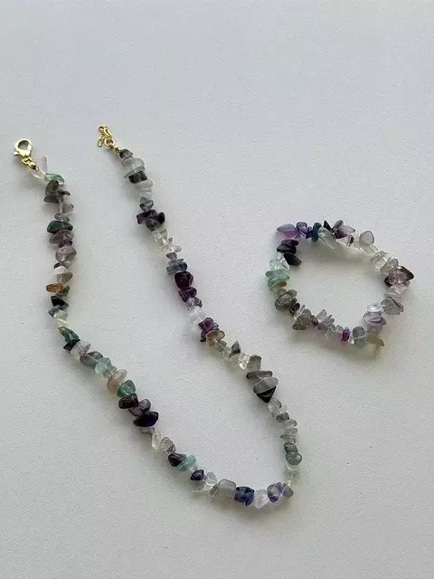 Colar Pedra Natural Fluorita + pulseira