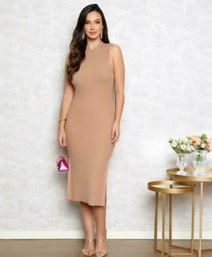 VESTIDO MIDI TRICOT MODAL CANELADO COM FENDA