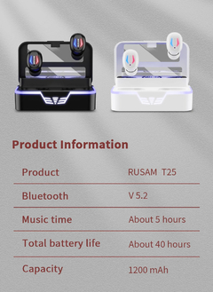 Rusam t25 original tws fone de ouvido sem fio bluetooth 5.2 fones à prova à pr - comprar online