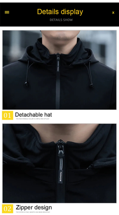 Imagem do Casaco casual preto masculino com chapéu destacável, corte-vento fino, jaqueta