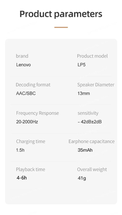 Lenovo Fone de Ouvido sem Fio LP5, Earbuds Bluetooth com Microfone, Headset Espo