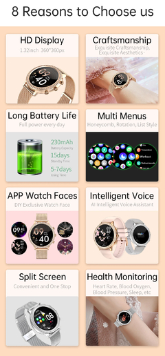 Smartwatch impermeável AMOLED para mulheres, chamada bluetooth, pressão arteri - EnRicos