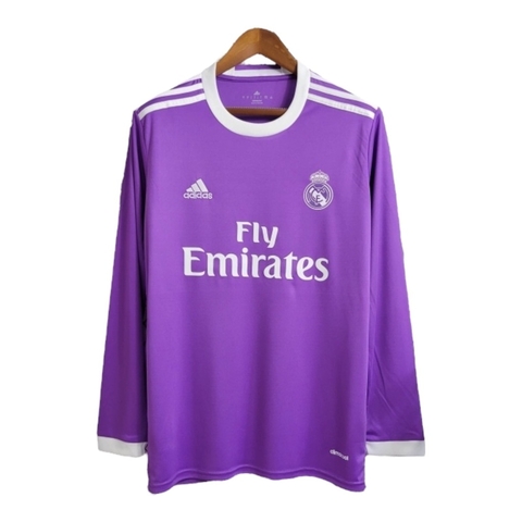 Camisa Retrô Real Madrid II 17/18 manga longa - Masculina Adidas - Roxa com detalhes em branca