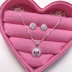 Imagem do Conjunto Colar e Brinco Cravejado Rosa e Cristal