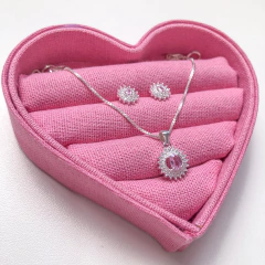 Conjunto Colar e Brinco Cravejado Rosa e Cristal