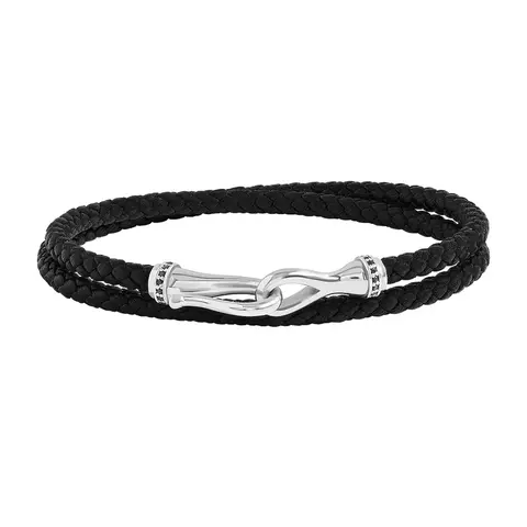 Pulseira de Couro Anzol Pave Wrap em Prata