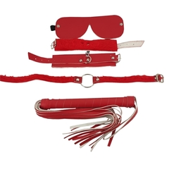 Kit de ecocuero rojo con latigo, mordaza, esposas y antifaz