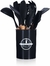 Kit Utensílios de Cozinha 12Pçs - Silicone e Cabo de Madeira- Preto / Madeira