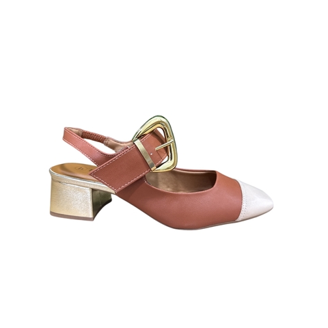 MARY JANE CHANEL BEBECÊ COR MARROM, BEGE E SALTO METALIZADO