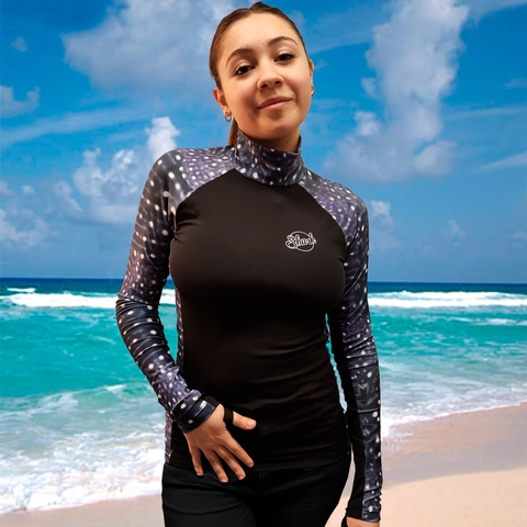 Remera UV 50 Rash guards Lycra Extra Life Tiburón ballena negro