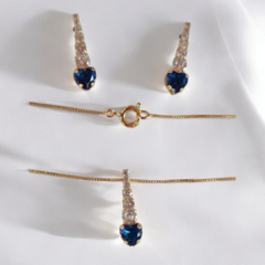 Conjunto de colar e brinco gota coração zircônia azul, banho em ouro 18 k na internet