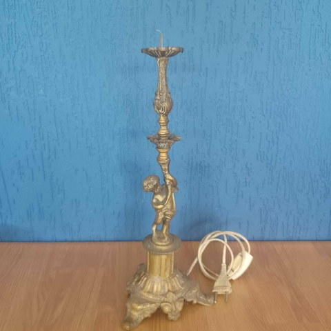 Grande e belissimo abajur em bronze maciço com querubim