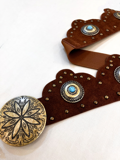 Cinto Boho em Couro Legítimo com Apliques Metálicos e Pedraria Turquesa - comprar online