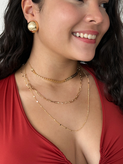 Colar Trio Bolinhas Chapadas Longo + Elo Cartier + Choker Escama de Peixe