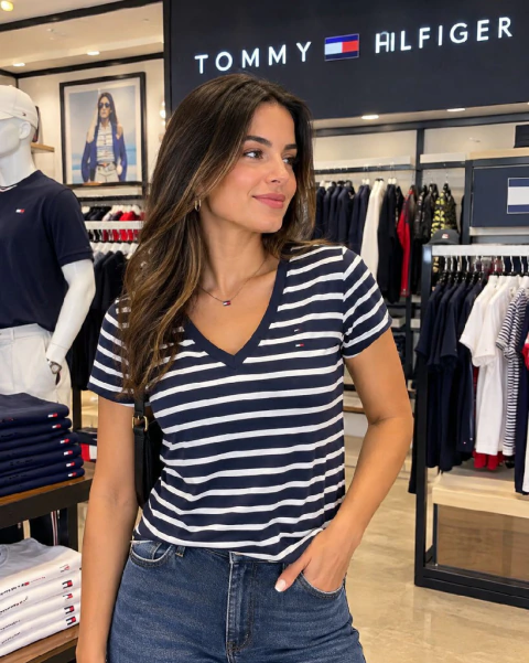 Camiseta Listrada com Decote V Tommy Hilfiger