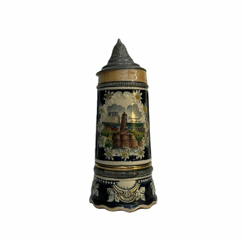 Tankard Alemão Hamburg lisnad (Caneca de Chope) com tampa em Pewter com pintura de torre de castelo