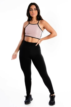 Cropped Alcinha e Calça Legging Preto Detalhe Tela Rose Conjunto | REF: LX276