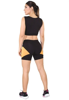 Cropped Regata Com Faixa + Short Preto Com Amarelo Conjunto Fitness | REF: LX044 - Fit & Move
