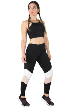 Academia Cropped Preto + Calça Fitness Preto Com Faixas Rosê e Branco Conjunto Fitness | REF: LX061 - Fit & Move