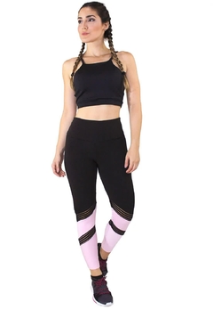 Academia Cropped Preto + Calça Fitness Preto Com Detalhe Elástico Faixa Rosê Conjunto Fitness | REF: LX062 - Fit & Move