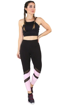 Academia Cropped Preto + Calça Fitness Preto Com Detalhe Elástico Faixa Rosê Conjunto Fitness | REF: LX062