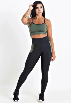 Calça Legging Preta com Verde Militar e Cropped Alcinha Conjunto Fitness | REF: CSV10 - Fit & Move