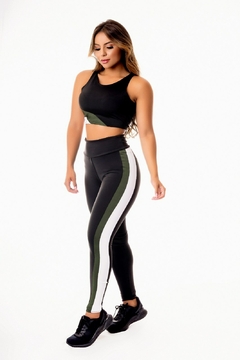 Feminino Calça Legging Preta com Faixas Verde Militar e Branco Cintura Alta e Cropped Regata Academia Conjunto Fitness | REF: CSV29 - comprar online