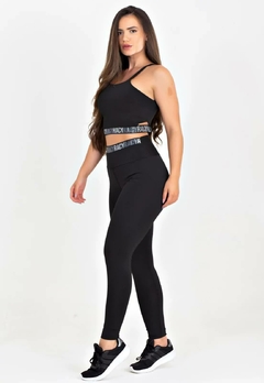 Imagem do Calça Legging Cintura Alta + Cropped Alcinha Preto com Elásticos Conjunto Fitness | REF: CCA5