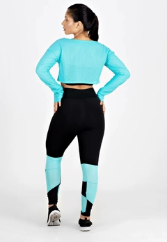 Calça Legging + Cropped de Telinha Manga Longa com Detalhes em Azul Turquesa Conjunto Fitness | REF: LX147 - Fit & Move