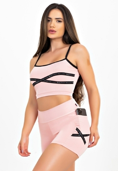 lShort Cintura Alta + Cropped Rose com Elásticos em X Conjunto Fitness | REF: CCA4 - comprar online