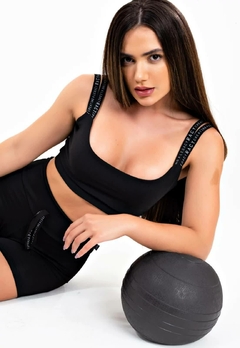 Short Cintura Alta com Cardaço Fake + Cropped Preto Alça Dupla Conjunto Fitness | REF: CCA7 - Fit & Move