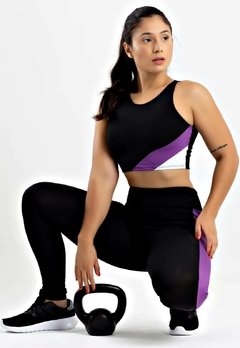 Cropped + Calça Legging Preto com Roxo e Branco Conjunto Metamorfose | REF: MTF6 - Fit & Move