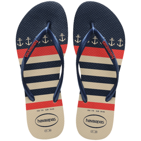 Chinelos Sandálias Havaianas Slim Nautical FC Bege Palha/Marinho