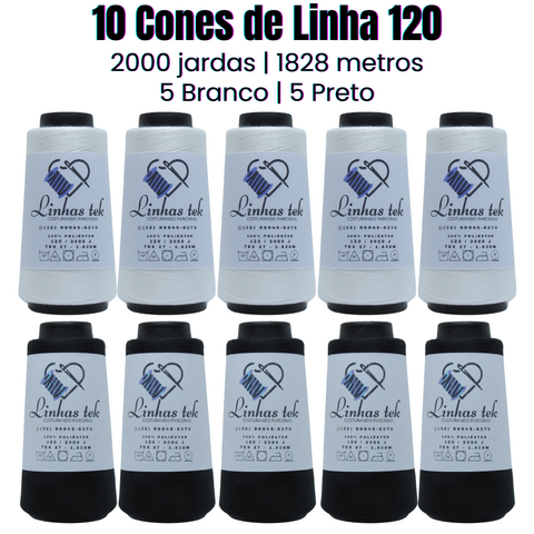 Kit 10 Linhas para Máquina Reta 120 2000 Jardas Preto Branco 100% Poliéster